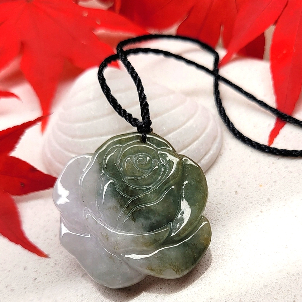 Genuine Hand Carved Rose Jadeite Jade Pendant Necklace NWT